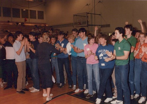 Members of student teams cheer at the inaugural Science Olympiad National Tournament held at MSU in 1985.